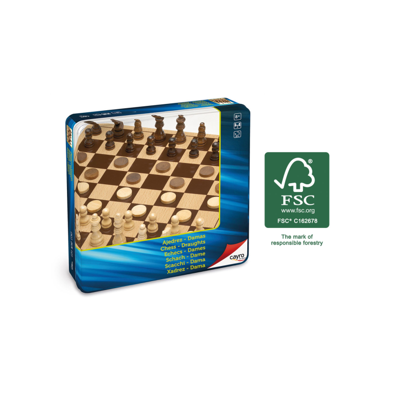 AJEDREZ DAMAS DE MADERA METAL BOX (MADERA FSC)