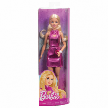 Barbie fashionistas muñeca con vestido rosa metalizado