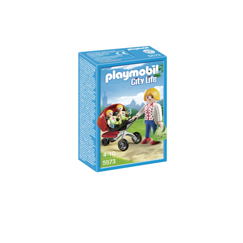 Cochecito gemelar. Incluye 2 bebés, mamá, bolso y 2 sonajeros. Los playmobil se mantienen en pie con