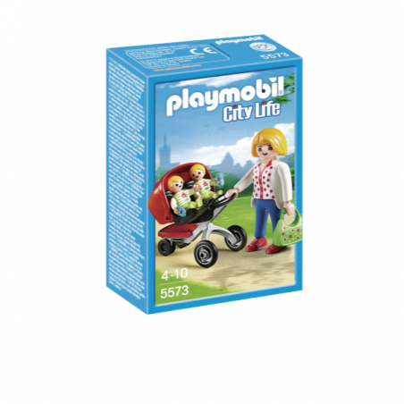 Cochecito gemelar. Incluye 2 bebés, mamá, bolso y 2 sonajeros. Los playmobil se mantienen en pie con