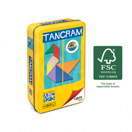 Tangram de madera de colores en caja de metal (madera fsc)