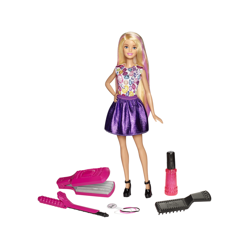 ¡Crea geniales peinados ondulados, rizados y de colores para Barbie®! Con su pelo que cambia de colo